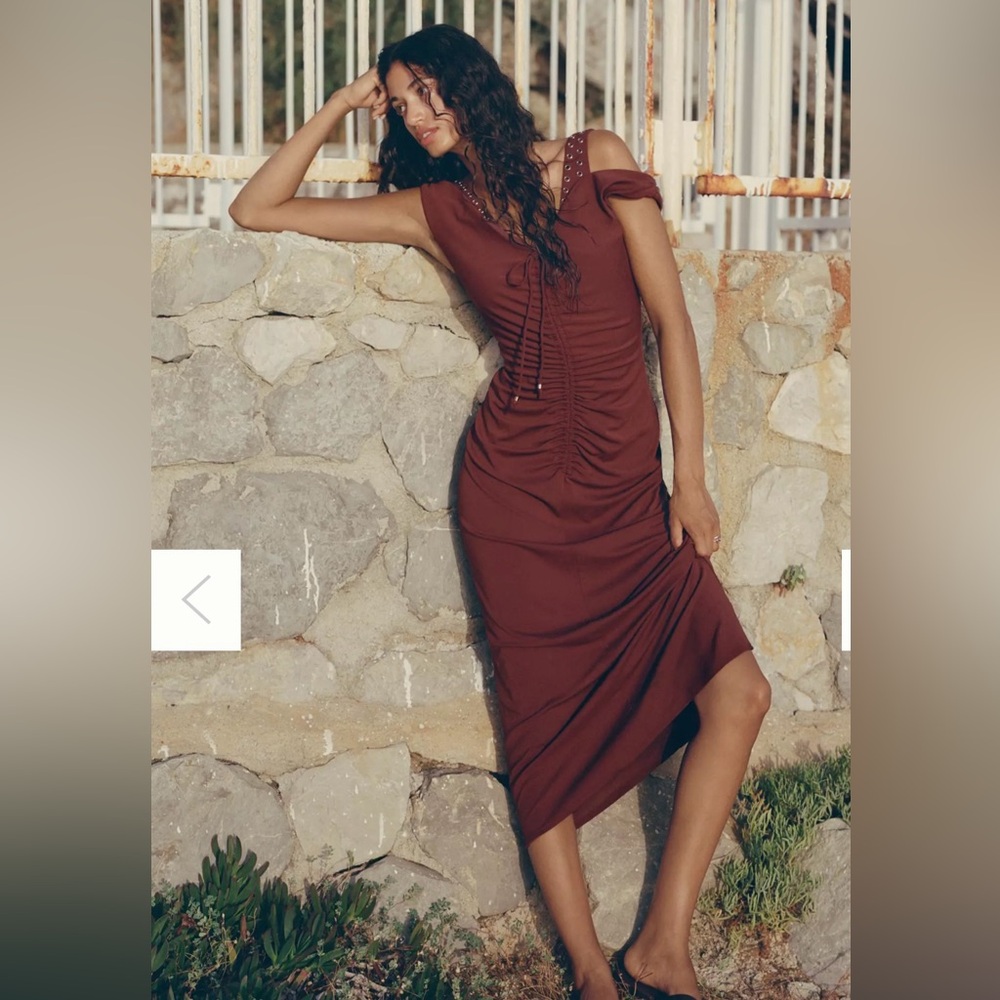 Maeve Sleeveless V-Neck Studded Ruched Midi Dress